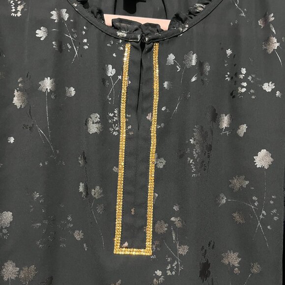 Liz Claiborne Womens Ruffle Blouse L Black Dark Floral Romantic Corporate Goth - Picture 5 of 8